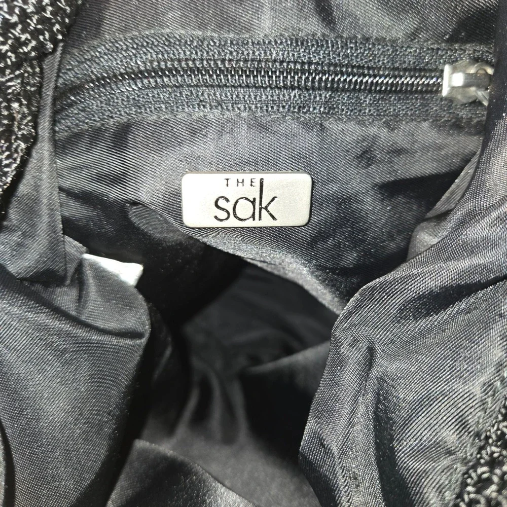 The Sak Black Crochet Front Pocket Drawstring‎ Bucket Bag Backpack 12